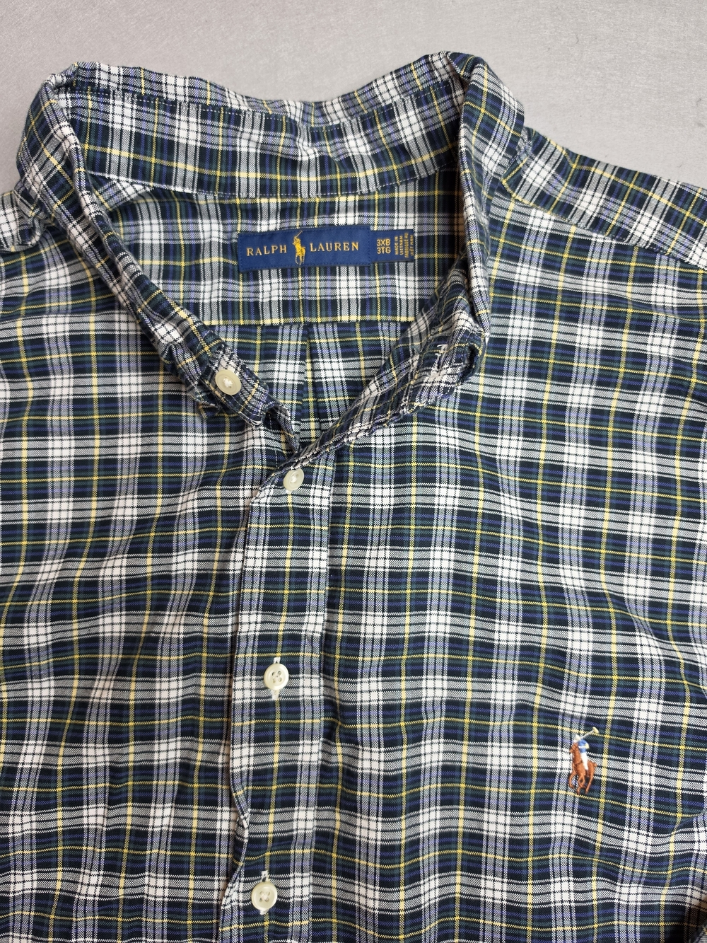 Ralph Lauren Navy, White & Yellow Plaid Button-Down Shirt 3XB 3TG Flesh Pony